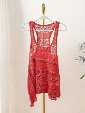 Free People Crochet Knit Tank | Coral Racerback Stripe | XS
